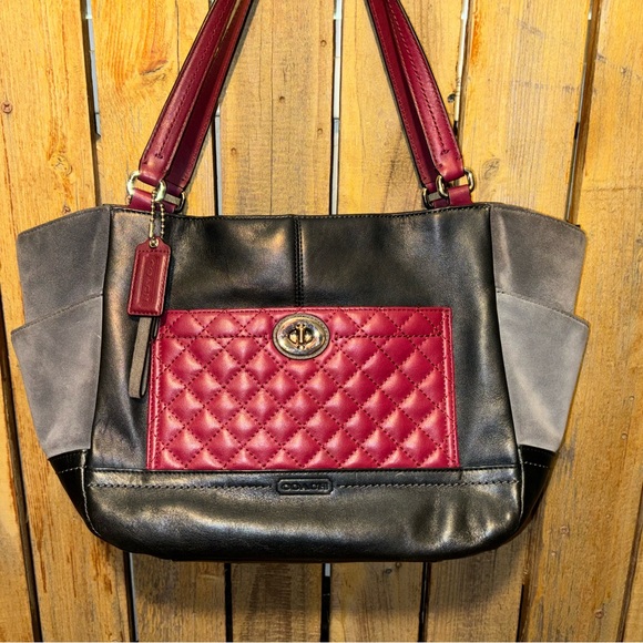 Coach Black and Burgundy Leather Tote - Picture 2 of 6